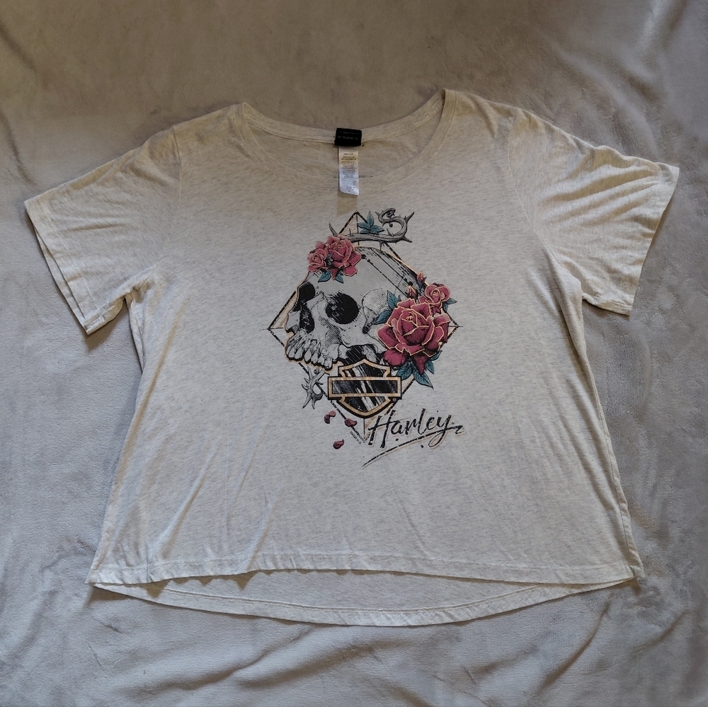 Harley-Davidson Motorcycle Minnesota Skull Rose Off White Heather T-Shirt Sz 2X